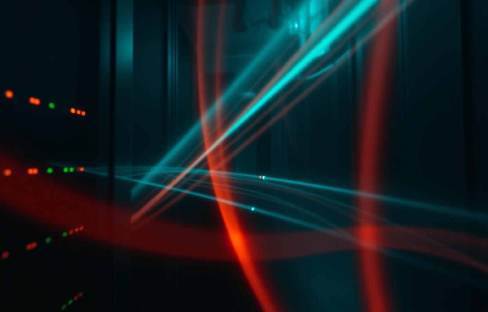 Server room with glowing fiber